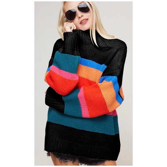 Mock Neck Black Rainbow Striped Oversized Sweater - Picture 3 of 4